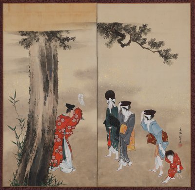Un sacerdote sintoísta, tres mujeres y un niño, período Edo, ca. 1799-1801 de Katsushika Hokusai