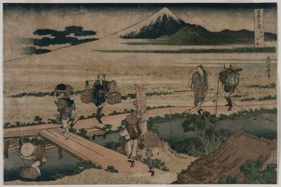 Vista del monte Fuji y viajeros por un puente, ca. 1835 de Katsushika Hokusai