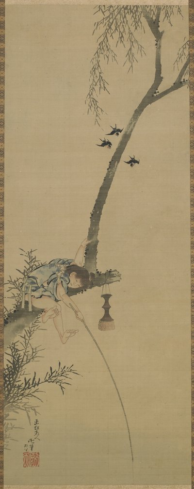 Un niño pescando desde la rama de un árbol, período Edo de Katsushika Hokusai