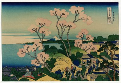 Un Grupo de Japoneses bajo los Cerezos en Flor, en Shinagawa, Camino Tokaido, Japón, con Vista del Monte Fuji en la Distancia de Katsushika Hokusai