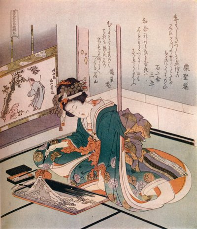 Una mujer haciendo un modelo en miniatura del Monte Fuji, c.1823 de Katsushika Hokusai