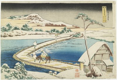 Vista antigua del puente de pontones en Sano, provincia de Kōzuke, 1833-1834 de Katsushika Hokusai