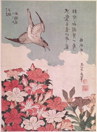 Azaleas and cuckoo, publicado por Eijudo, c.1830 (grabado en madera en color) de Katsushika Hokusai
