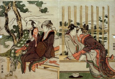 Azuma y Yogoro en la nieve vieja. Koman y Yosaku en el crepúsculo de Katsushika Hokusai