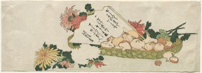 Cesta con Abanico, Crisantemos y Hongos de Katsushika Hokusai