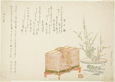 Jaula para pájaros y ciruela en maceta de Katsushika Hokusai