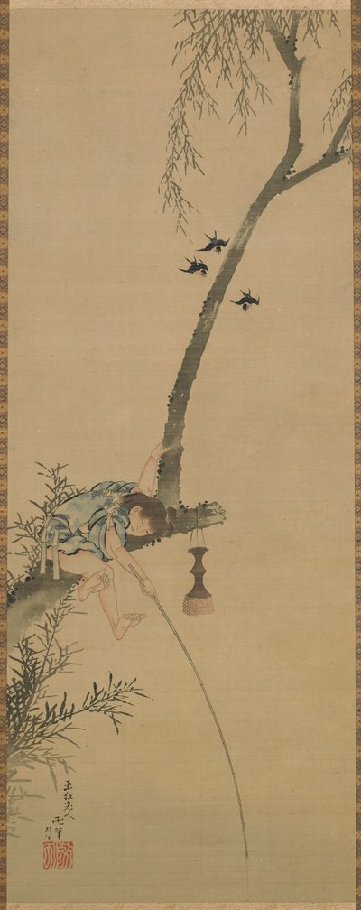 Niño pescando desde la rama de un árbol de Katsushika Hokusai