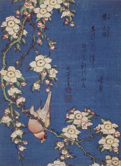 Camachuelo y cerezo llorón, pub. c.1834 de Katsushika Hokusai