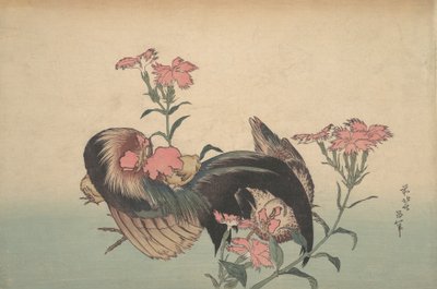 Gallo, Gallina y Nadeshiko Dianthus Superbus de Katsushika Hokusai