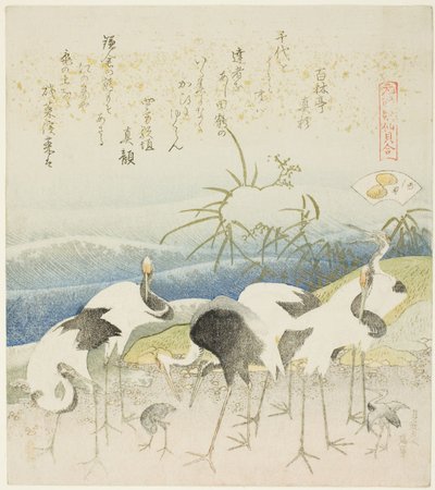 Grullas en la orilla, ilustración para La Concha de la Pierna (Ashigai), de la serie "Un juego de emparejamiento con conchas de poemas del período Genroku (Genroku kasen kai awase)" de Katsushika Hokusai