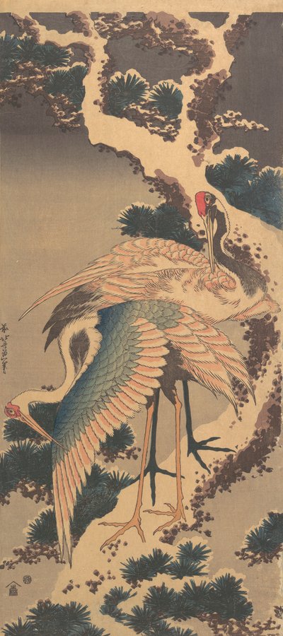 Grullas en Rama de Pino Cubierta de Nieve, finales de la década de 1820 de Katsushika Hokusai