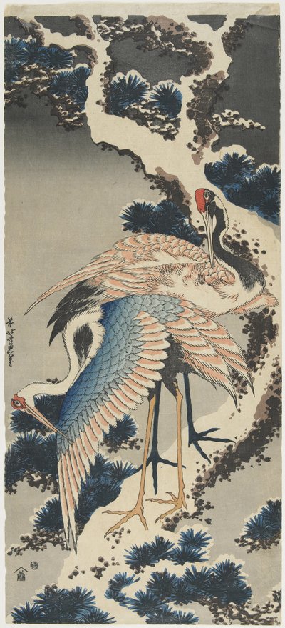 Grullas en pino, c. 1834 de Katsushika Hokusai