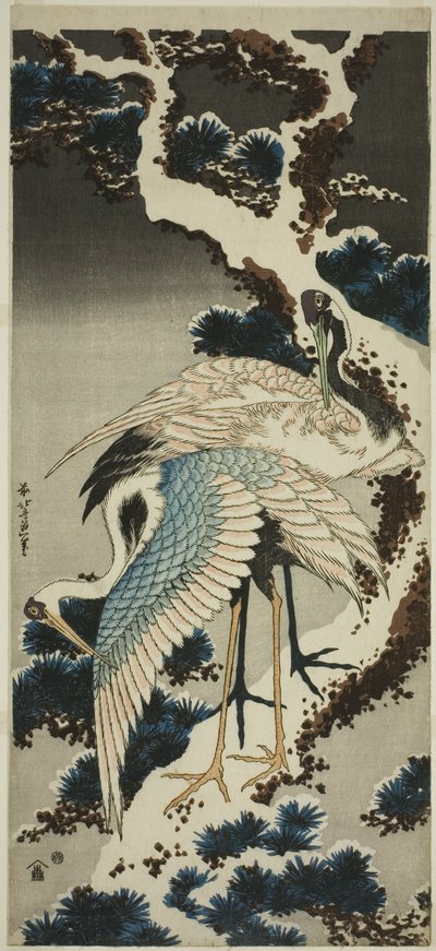 Grullas en pino cubierto de nieve de Katsushika Hokusai
