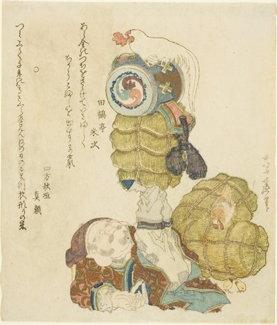 Daikoku equilibrando fardos de arroz, mazo y gallo en sus pies de Katsushika Hokusai