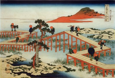 La antigua vista del puente Yatsuhashi en la provincia de Mikawa de Katsushika Hokusai
