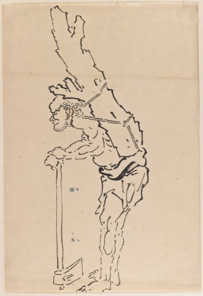Dibujo de un hombre descansando sobre un hacha y llevando parte de un tronco de árbol en su espalda de Katsushika Hokusai
