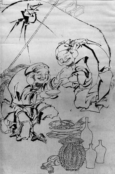 Ebisu y Daikoku celebrando el Festival de Año Nuevo, siglo XVIII-XIX de Katsushika Hokusai