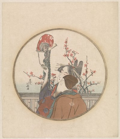 Pareja con rama de mono y flor de Katsushika Hokusai