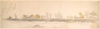 Figuras paseando por un promontorio; agua y barcos en primer plano de Katsushika Hokusai