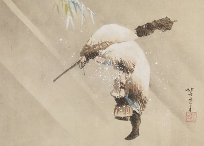 Fisherman Carrying His Net in the Snow, c. 1821 (tinta, color y gofun sobre papel) de Katsushika Hokusai