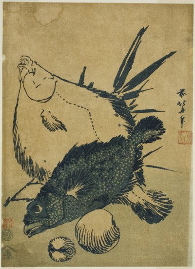 Pez plano, pez escorpión y conchas, de una serie sin título de impresiones chuban de Katsushika Hokusai