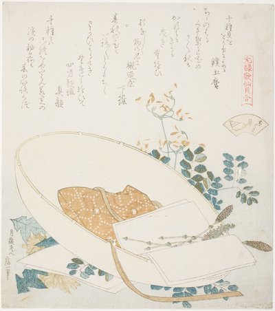 Flores recién recogidas en el sombrero de un viajero, ilustración para La concha de las mil hierbas (Chigusagai), de la serie "Un juego de emparejamiento con conchas de poemas del período Genroku (Genroku kasen kai awase)" de Katsushika Hokusai