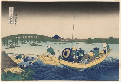 Fuji desde Ommayagashi con crepúsculo sobre el puente Ryogoku (Ommayagashi yori ryogokubashi sekiyo o miru), de la serie "Treinta y seis vistas del monte Fuji (Fugaku sanjurokkei)" de Katsushika Hokusai