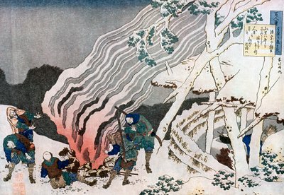 Cazadores junto a un fuego en la nieve, c1835 de Katsushika Hokusai