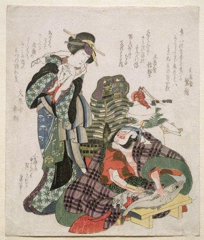 Ichikawa Danjuro e Ichikawa Monnosuke como Jagekiyo e Iwai Kumesaburo, 1824 de Katsushika Hokusai