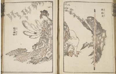 Mujer japonesa un zorro blanco con 9 colas y un mono (xilografía) de Katsushika Hokusai