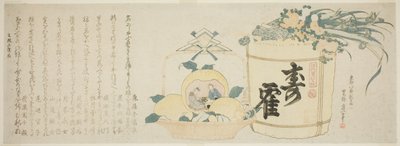 Barril de sake y cesta de naranjas de Katsushika Hokusai