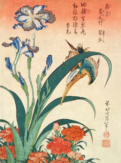 Martín pescador, iris y claveles, pub. por Nishimura Eijudo, c.1832, uno de un conjunto de diez impresiones de Katsushika Hokusai