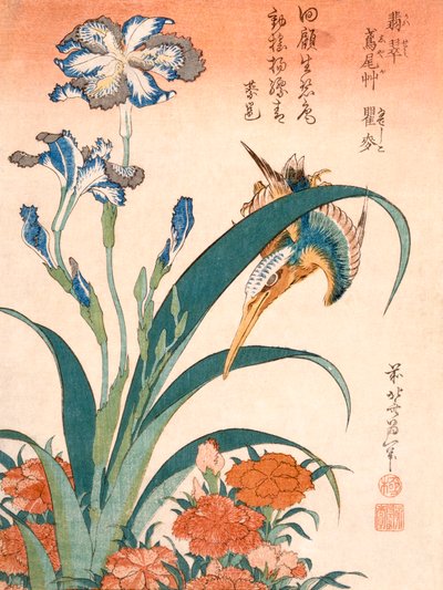Martín pescador, lirios y claveles, publicado c1834 de Katsushika Hokusai
