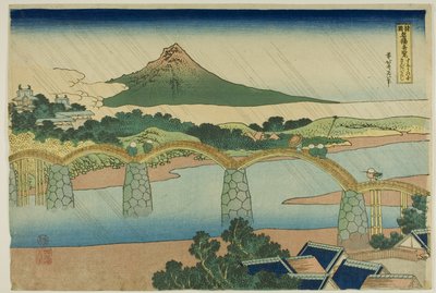 Puente Kintai en la provincia de Suo (Suo no kuni Kintaibashi), de la serie "Vistas insólitas de puentes famosos en varias provincias (Shokoku meikyo kiran)". de Katsushika Hokusai