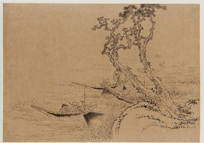 Paisaje: figuras pescando desde botes de Katsushika Hokusai
