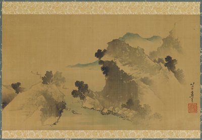 Paisaje: montañas, arroyo y barcos, finales del siglo XVIII-principios del siglo XIX de Katsushika Hokusai