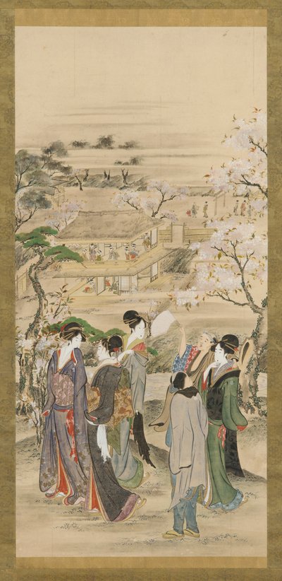 Paisaje: grupos de hombres y mujeres mirando cerezos en flor de Katsushika Hokusai
