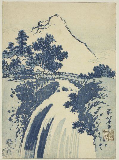 Paisaje con cascada, de una serie sin título de impresiones chuban de Katsushika Hokusai