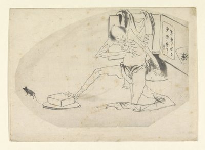 Hombre en taparrabos, una caja y un ratón. de Katsushika Hokusai