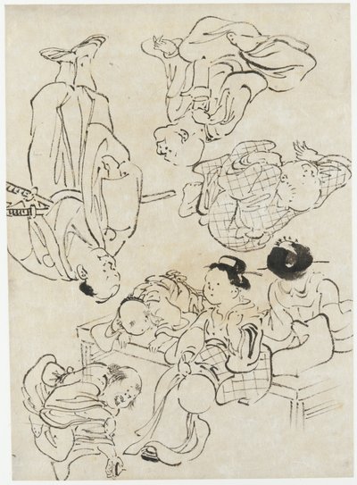 Figuras diversas: placeres de verano, figuras sentadas en la veranda y (abajo) Samurai, período Edo de Katsushika Hokusai