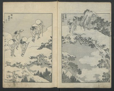 Monte Fuji bajo un puente a la izquierda, Monte Fuji detrás de una red a la derecha, de Cien vistas..., ca. 1847 de Katsushika Hokusai