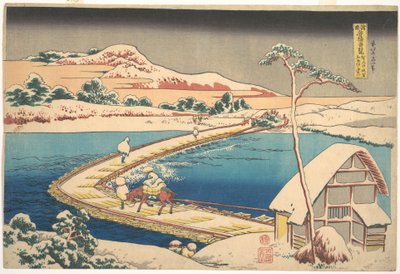Antigua vista del puente flotante de Sano, en la provincia de Kōzuke (Kōzuke Sano funabashi no kozu), de la serie «Vistas destacadas de puentes en diversas provincias» (Shokoku meikyō kiran) de Katsushika Hokusai