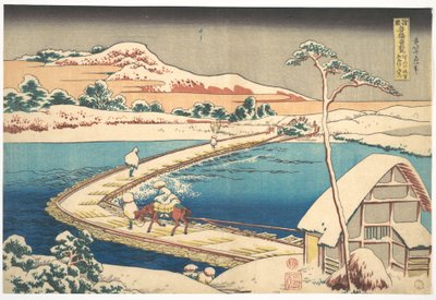 Antigua vista del puente flotante de Sano, en la provincia de Kōzuke (Kōzuke Sano funabashi no kozu), de la serie «Vistas destacadas de puentes en diversas provincias» (Shokoku meikyō kiran) de Katsushika Hokusai