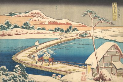 Vista antigua del puente de botes en Sano en la provincia de Kozuke, 1827-30 de Katsushika Hokusai
