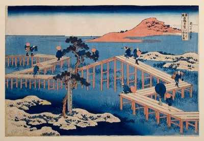 Antigua vista del puente de ocho tramos de Yatsuhashi, en la provincia de Mikawa, de la serie «Vistas destacadas de puentes en diversas provincias» de Katsushika Hokusai