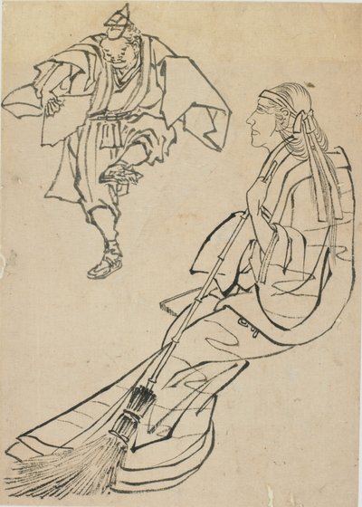 Anciana sentada en un banco ante quien un hombre con abanico baila, finales del siglo XVIII-principios del siglo XIX de Katsushika Hokusai