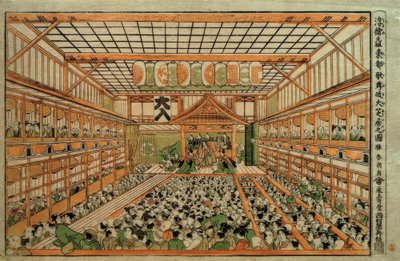 Imagen perspectiva original del Gran Teatro Kabuki en Edo de Katsushika Hokusai