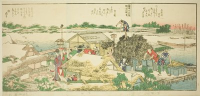 Páginas del libro ilustrado "Vistas panorámicas a lo largo de las orillas del río Sumida (Ehon Sumidagawa ryogan ichiran)" de Katsushika Hokusai