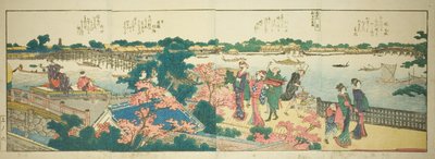Páginas del libro ilustrado "Vistas panorámicas a lo largo de las orillas del río Sumida (Ehon Sumidagawa ryogan ichiran)" de Katsushika Hokusai