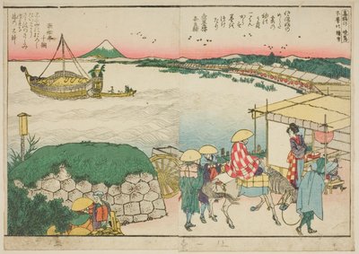 Páginas del libro ilustrado "Vistas Panorámicas a lo Largo de las Orillas del Río Sumida (Ehon Sumidagawa ryogan ichiran)" de Katsushika Hokusai